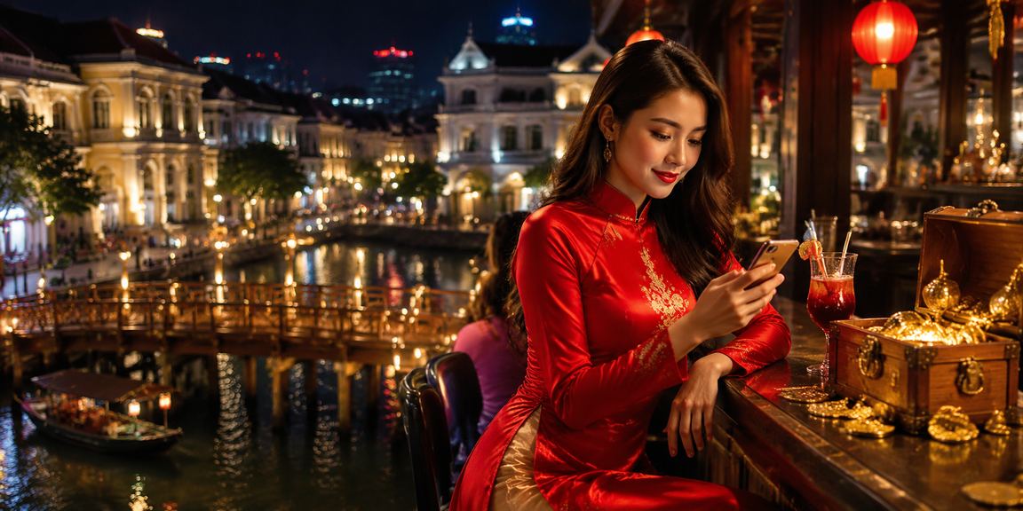 Người phụ nữ mặc áo dài truyền thống Việt Nam đang theo dõi bàn Baccarat tại TP.HCM về đêm