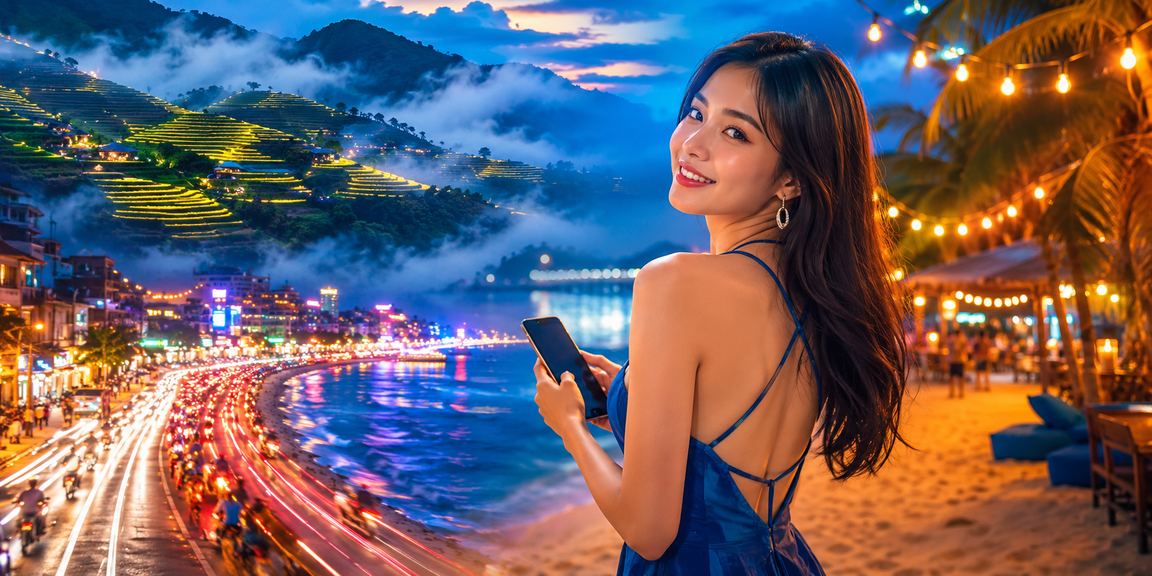 Người dùng tại Sa Pa trải nghiệm casino trực tuyến qua điện thoại trong không gian neon về đêm